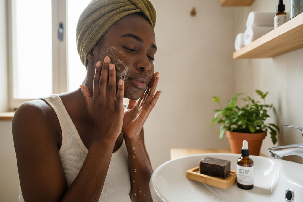 a black young lady washing her face with african black soap
