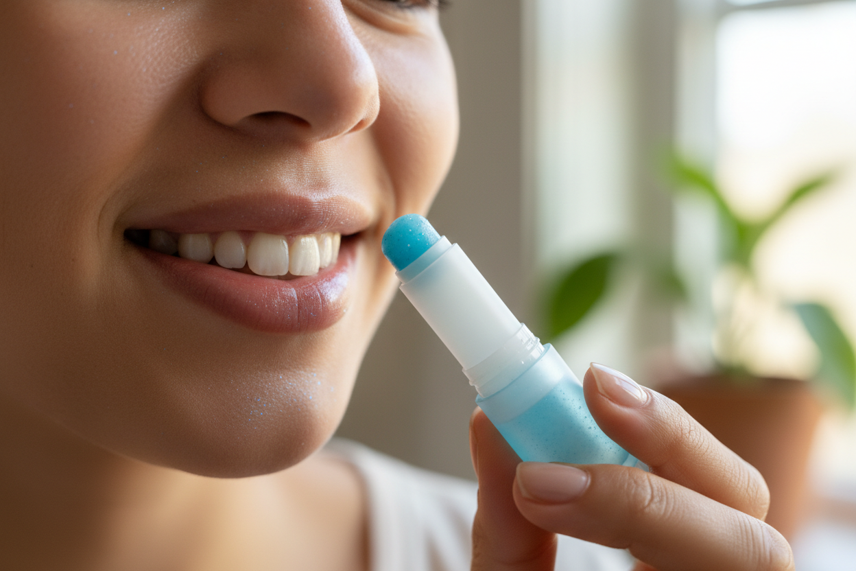 a person using Shea Blue Mica Lip Balm