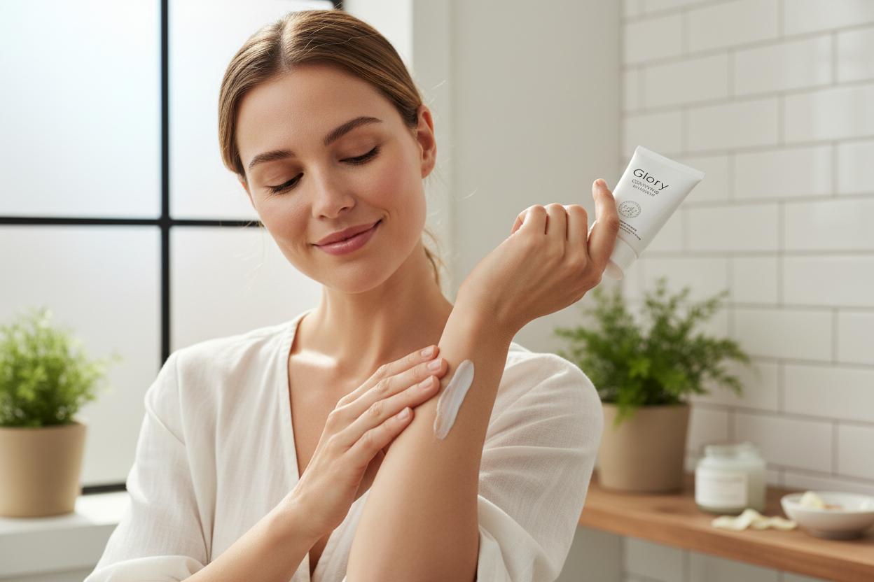 a woman using Glory Covering Skin Relief