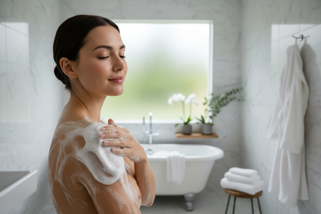 a woman washing her body with silky shea soap