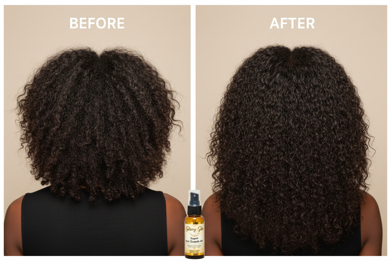 create a before and after photos of a black lady using Glory Glo Super Hair Growth Oil. showing growth progress