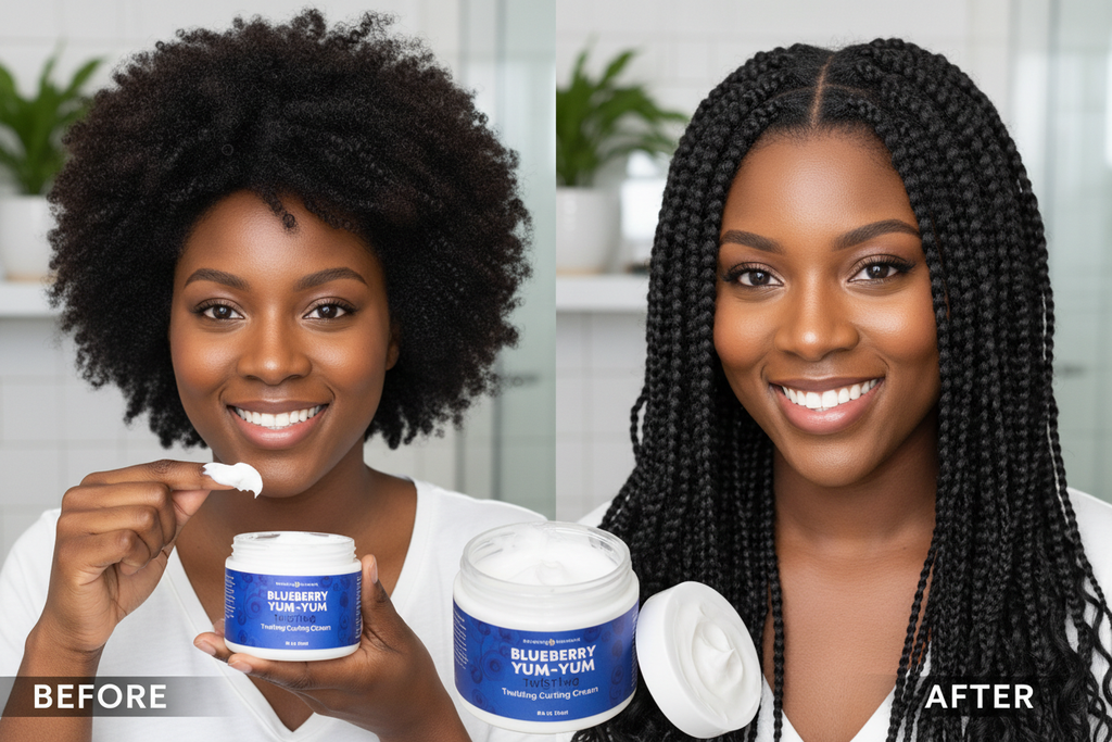 create a image of a lady doing a two-strand twist using a 8 oz. jar of Blueberry Yum-Yum Twisting Curling Cream. The texture of the cream is creamy. before and after phitures
