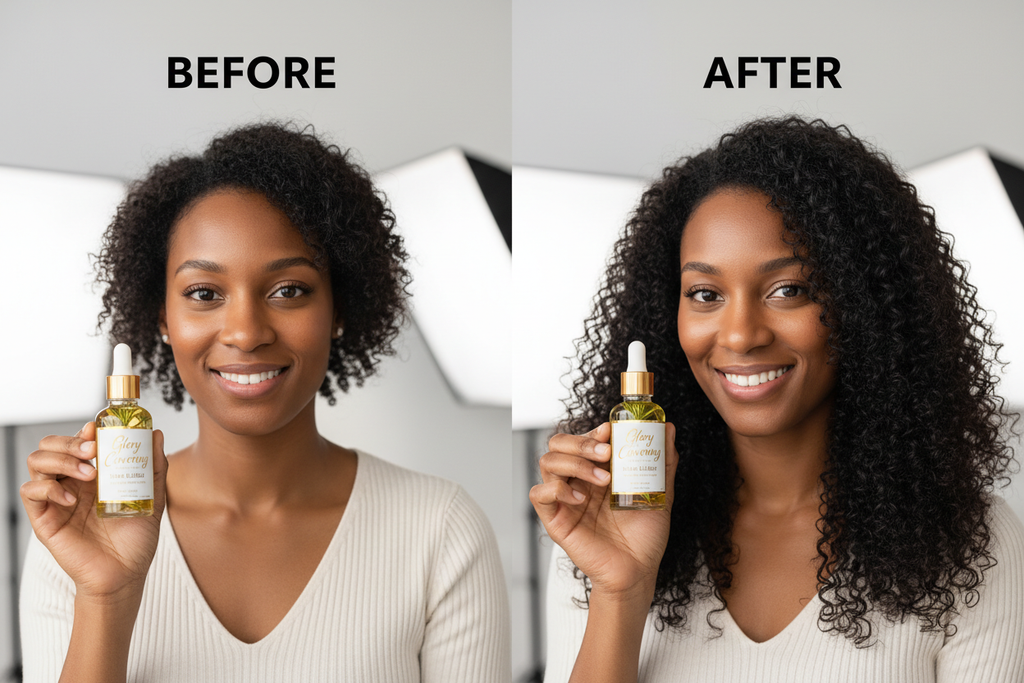 generate a before and after photos of a black lady holding a two ounce dropper bottle reading Glory Covering Hair Elixir with rosemary in the bottle. show hair growth