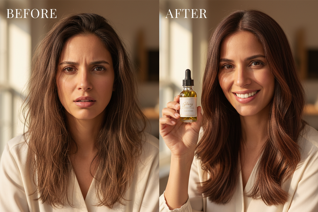 generate a before and after photos of a Spanish lady holding a glass 2 ounce dropper bottle with a black top. the bottle should read, Glory Covering Hair Elixir with rosemary in the bottle