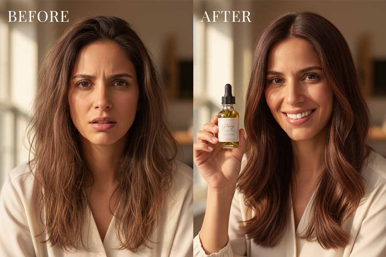 generate a before and after photos of a Spanish lady holding a glass 2 ounce dropper bottle with a black top. the bottle should read, Glory Covering Hair Elixir with rosemary in the bottle