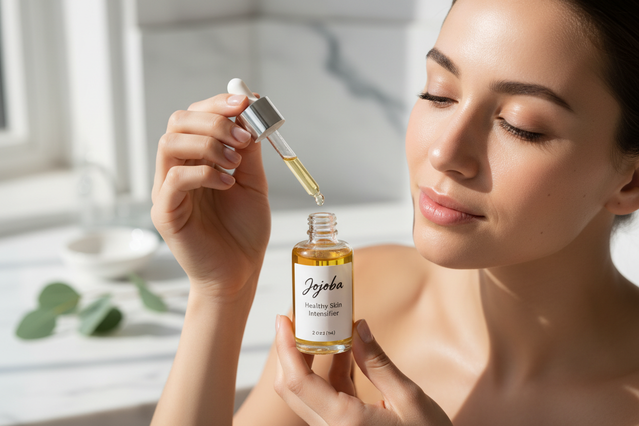 generate a image of a woman apply skin serum to her face. The name of the serum is called Jojoba Healthy Skin Intensifier. make the bottle 2 ounce glass with a dropper