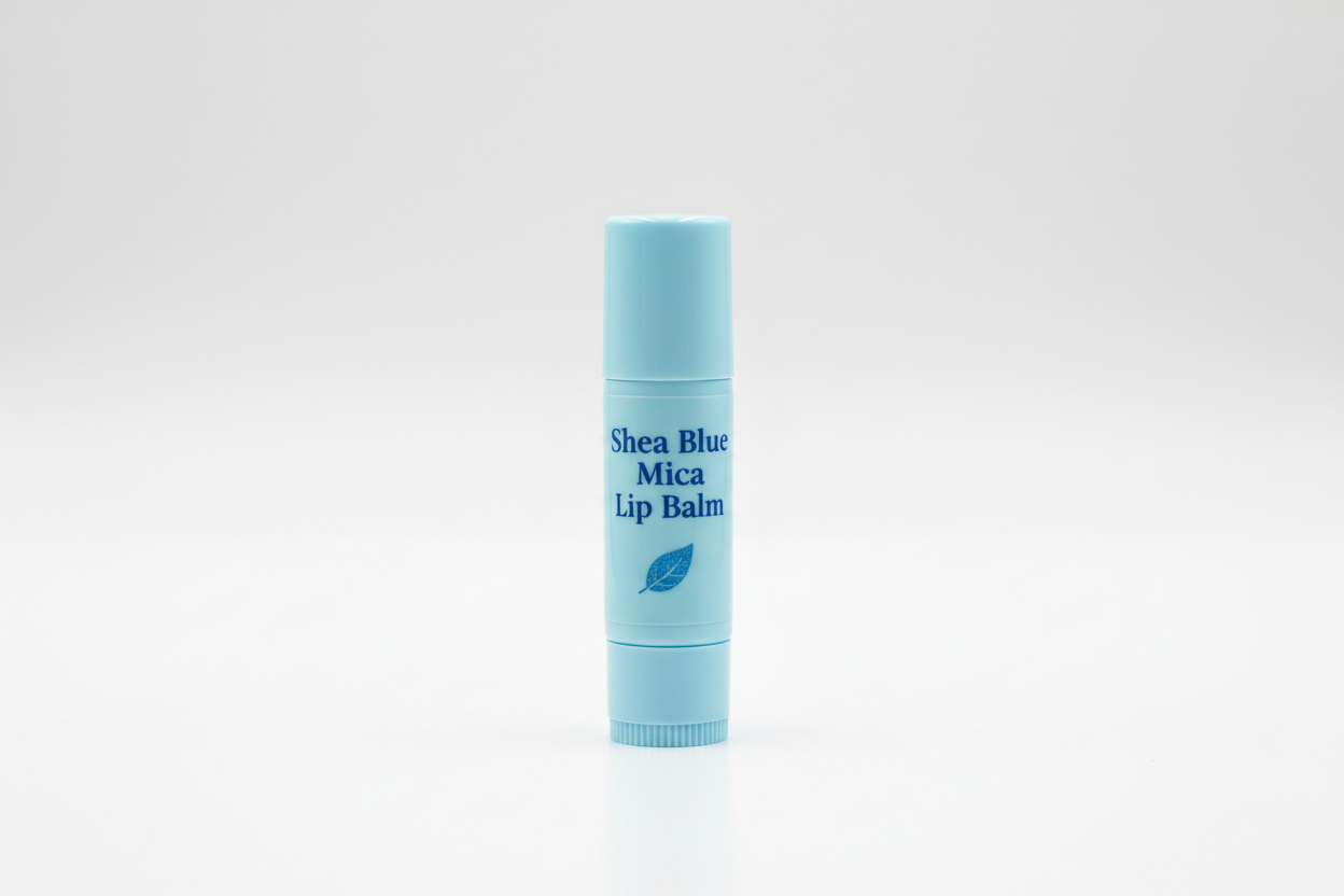 Lip Balm in a tube size 0.17, the color baby blue. the name on the tube Shea Blue Mica Lip Balm